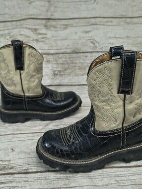 Ariat Fatbaby Western Boots Black Croc Print & Tan Suede Embroidery - Women’s 6B